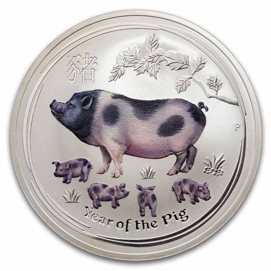 2019 Australia 10 oz Silver Lunar Colorized Pig BU