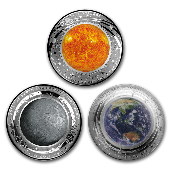 2019 Australia 3-Coin 1 oz Silver $5 Domed Earth and Beyond Set 2019 Australia 3-Coin 1 oz Silver $5 Domed Earth and Beyond Set