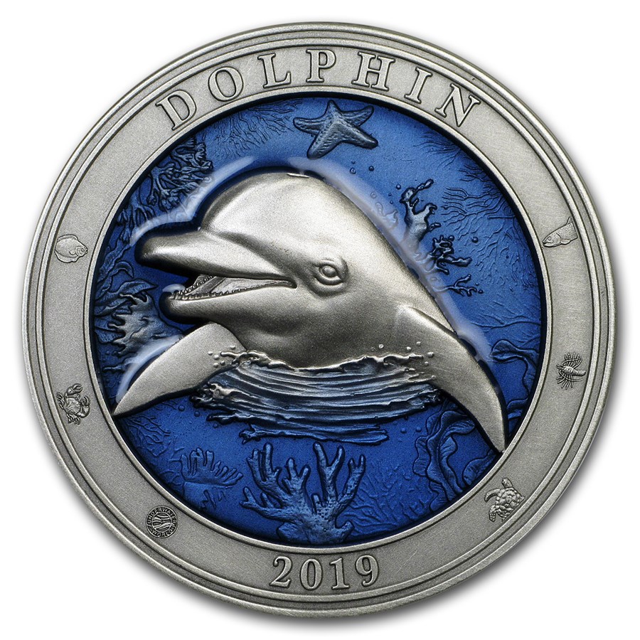 2019 Barbados 3 oz Silver Antique Underwater World (Dolphin)