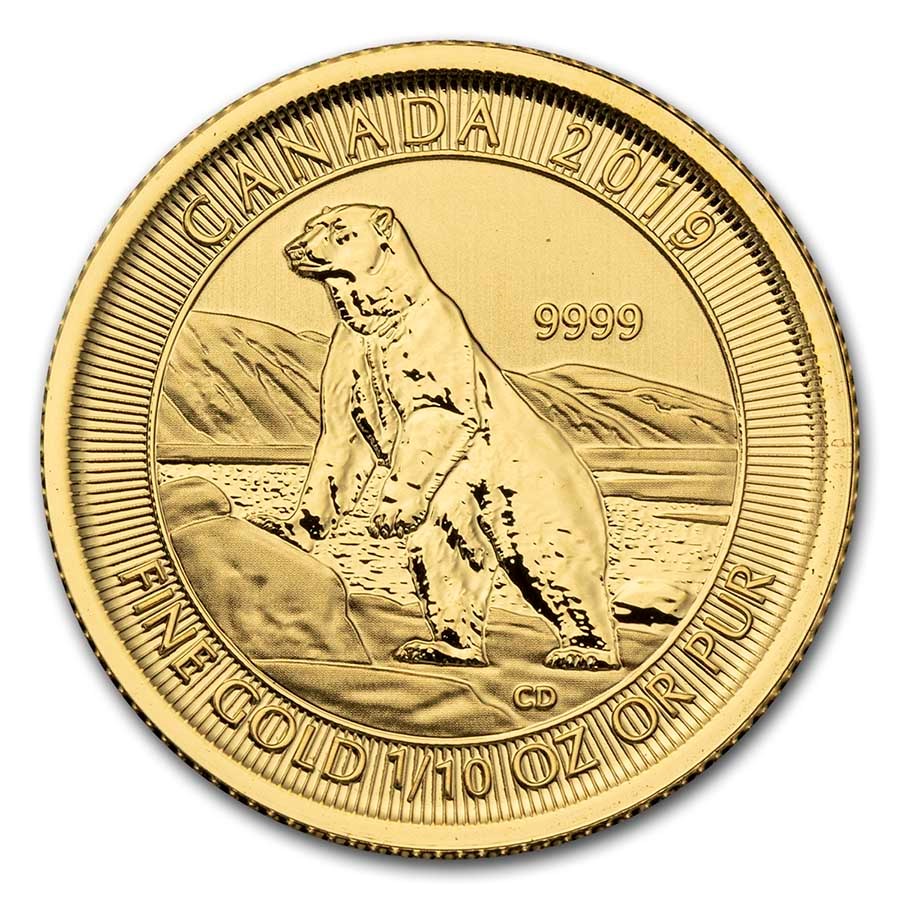 2019 Canada 1/10 oz Gold $5 Polar Bear BU