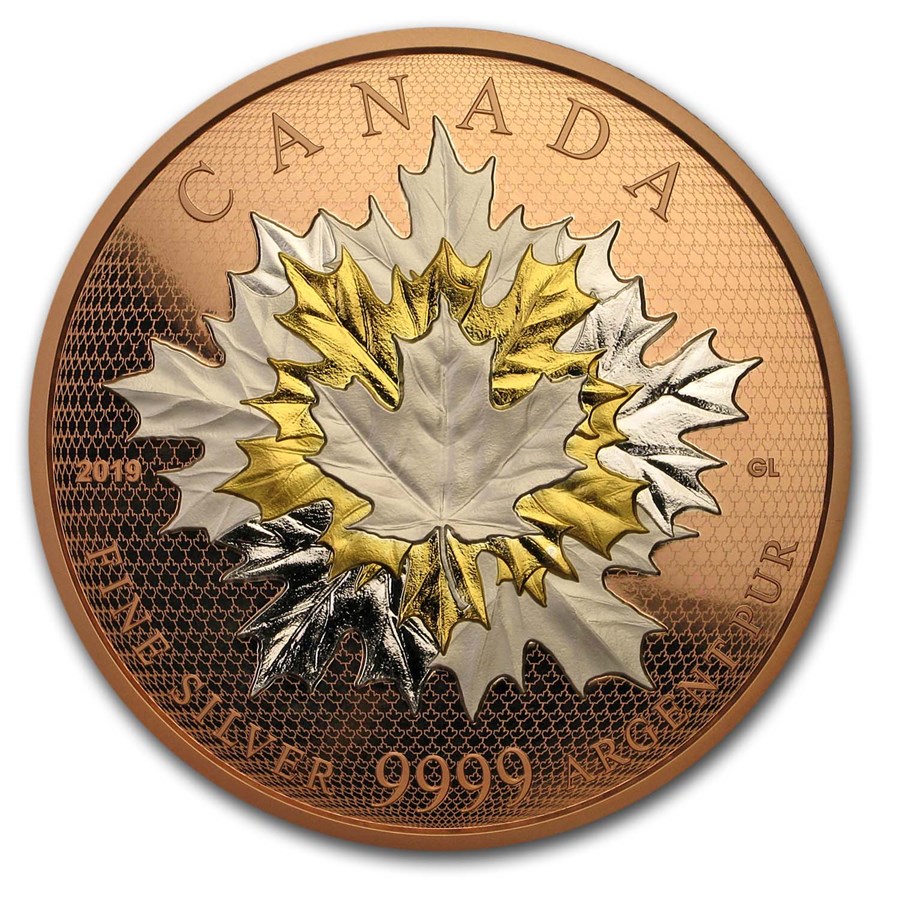 2019 Canada 5 oz Silver Maple Leaves in Motion: Rose Gold