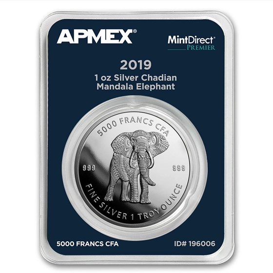 2019 Chad 1 oz Silver Mandala Elephant (MD Premier® Single) 2019 Chad 1 oz Silver Mandala Elephant (MD Premier® Single)