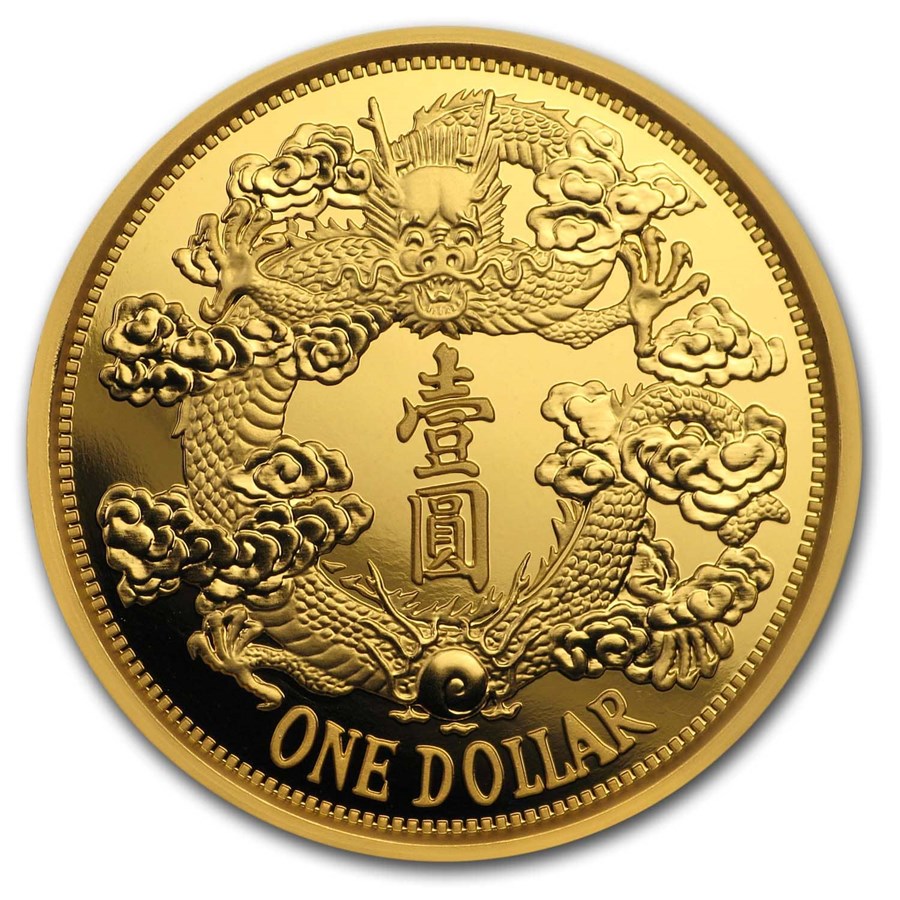 2019 China 1 oz Gold Tientsin Dragon Dollar Restrike (PU)