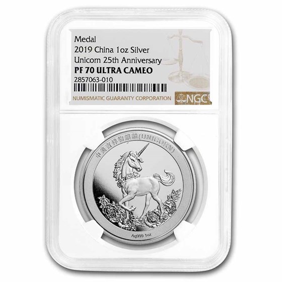 2019 China 1 oz Silver Unicorn 25th Anniv. Restrike PF-70 NGC 2019 China 1 oz Silver Unicorn 25th Anniv. Restrike PF-70 NGC