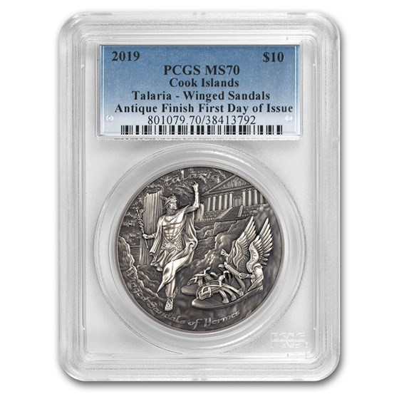 2019 Cook Islands 2 oz Silver Winged Sandals of Hermes MS-70 PCGS 2019 Cook Islands 2 oz Silver Winged Sandals of Hermes MS-70 PCGS