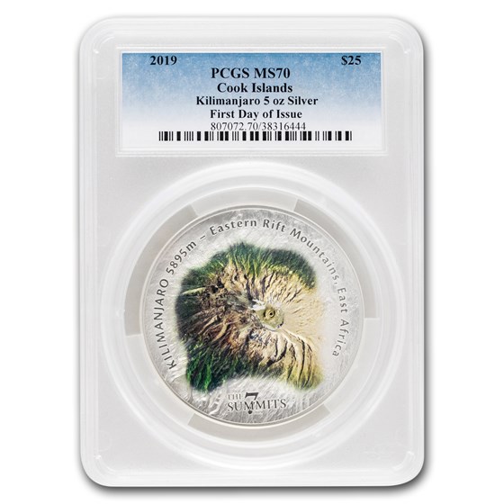 2019 Cook Islands 5 oz Silver 7 Summits Kilimanjaro MS-70 PCGS 2019 Cook Islands 5 oz Silver 7 Summits Kilimanjaro MS-70 PCGS
