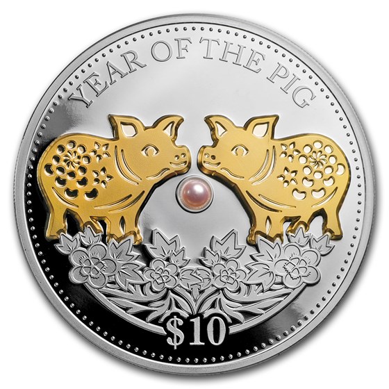 2019 Fiji 1 oz Silver Year of the Pig Proof (Gold Gilded w/Pearl) 2019 Fiji 1 oz Silver Year of the Pig Proof (Gold Gilded w/Pearl)