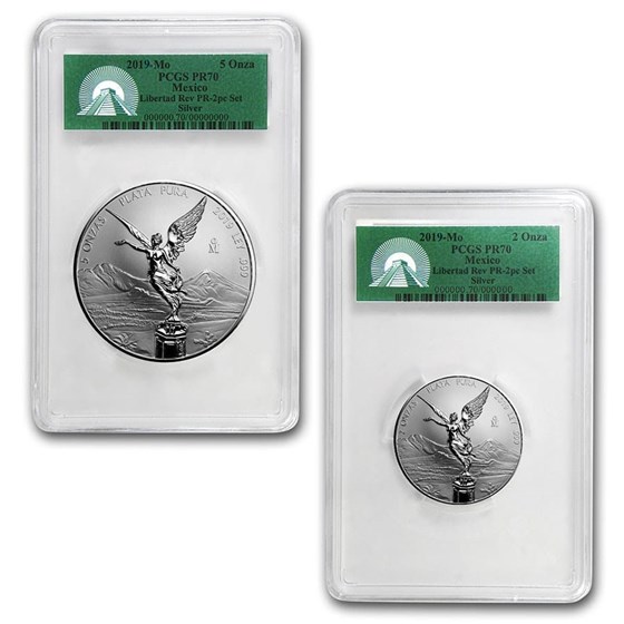 2019 Mexico 2-Coin Silver 2 oz & 5 oz Reverse Prf Set PR-70 PCGS 2019 Mexico 2-Coin Silver 2 oz & 5 oz Reverse Prf Set PR-70 PCGS