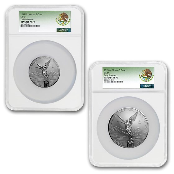 2019 Mexico 2-Coin Silver 2 oz & 5 oz Reverse Proof Set PF-70 NGC 2019 Mexico 2-Coin Silver 2 oz & 5 oz Reverse Proof Set PF-70 NGC