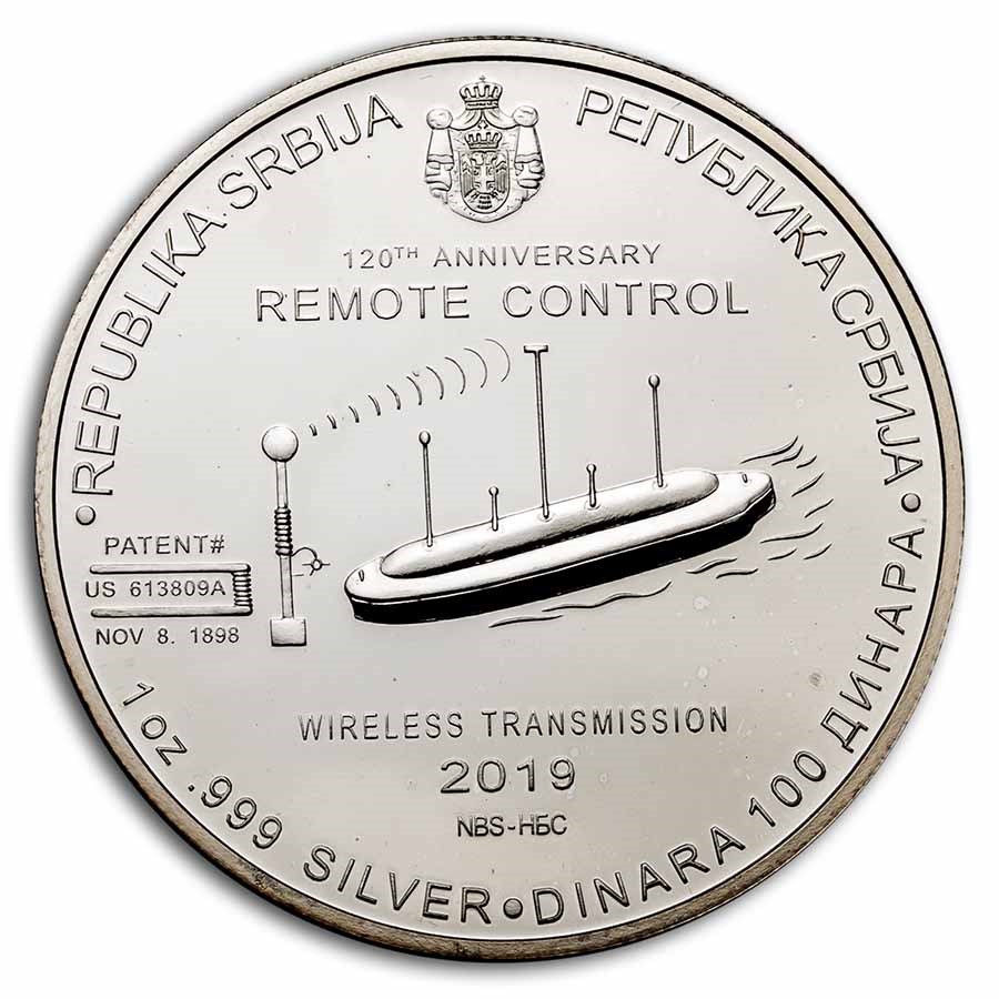 2019 Serbia 1 oz Ag Proof 100 Dinar Nikola Tesla: Remote Control
