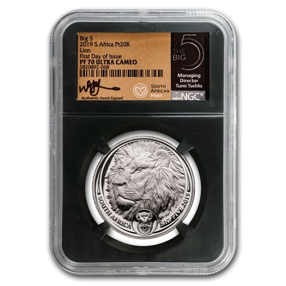 2019 South Africa 1 oz Platinum Big Five Lion PF-70 NGC (FDI) 2019 South Africa 1 oz Platinum Big Five Lion PF-70 NGC (FDI)