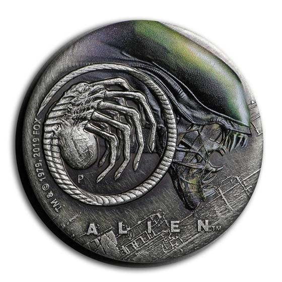 2019 Tuvalu 2 oz Silver 40th Anniversary Alien Antiqued