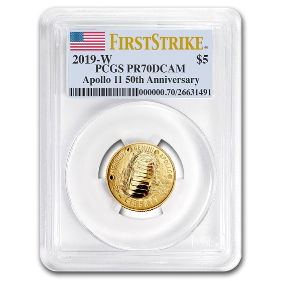 2019-W Gold $5 Apollo 11 50th Anniv PR-70 PCGS (FirstStrike®) 2019-W Gold $5 Apollo 11 50th Anniv PR-70 PCGS (FirstStrike®)