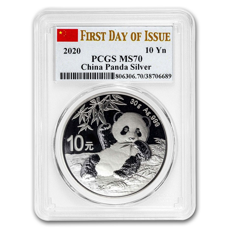 2020 China 30 gram Silver Panda MS-70 PCGS (FDI, Flag Label)