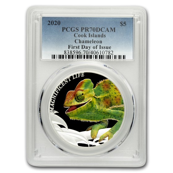 2020 Cook Islands 1 oz Silver Chameleon PR-70 PCGS (FD) 2020 Cook Islands 1 oz Silver Chameleon PR-70 PCGS (FD)