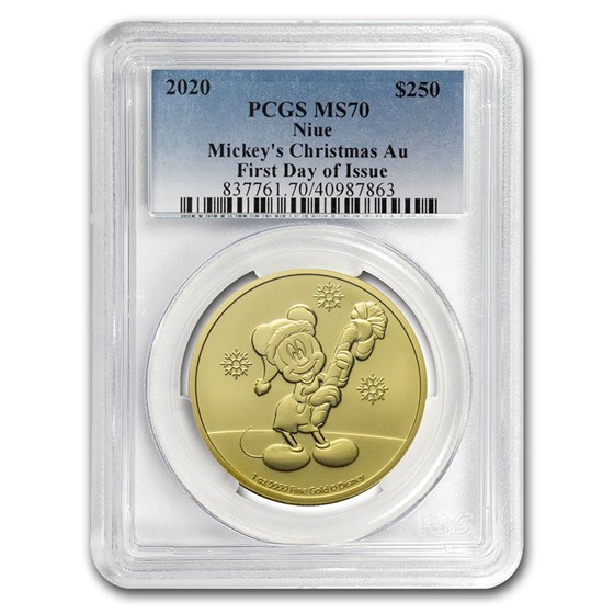 2020 Niue 1 oz Gold $250 Disney Mickey Christmas MS-70 PCGS (FD) 2020 Niue 1 oz Gold $250 Disney Mickey Christmas MS-70 PCGS (FD)