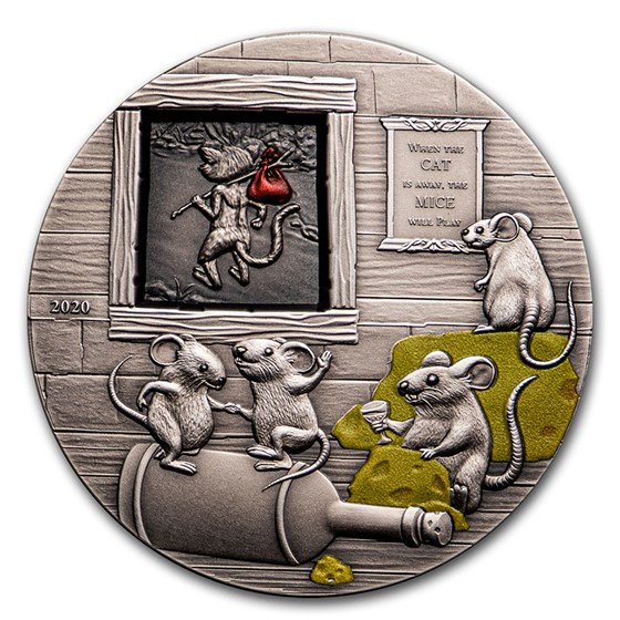 2020 Palau 2 oz Silver Antique When the Cat's Away Mice Will Play 2020 Palau 2 oz Silver Antique When the Cat's Away Mice Will Play