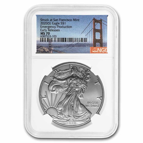 2020 (S) Silver Eagle MS-70 NGC (Golden Gate Bridge Label) 2020 (S) Silver Eagle MS-70 NGC (Golden Gate Bridge Label)