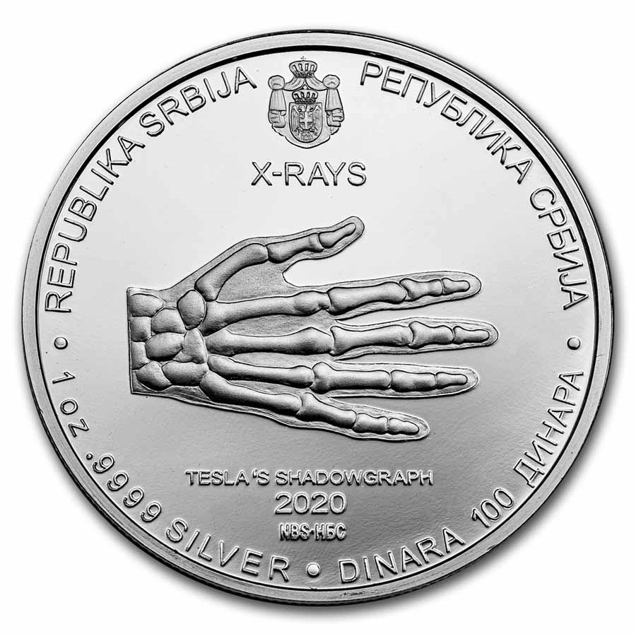 2020 Serbia 1 oz Proof Silver 100 Dinar Nikola Tesla: X-Ray
