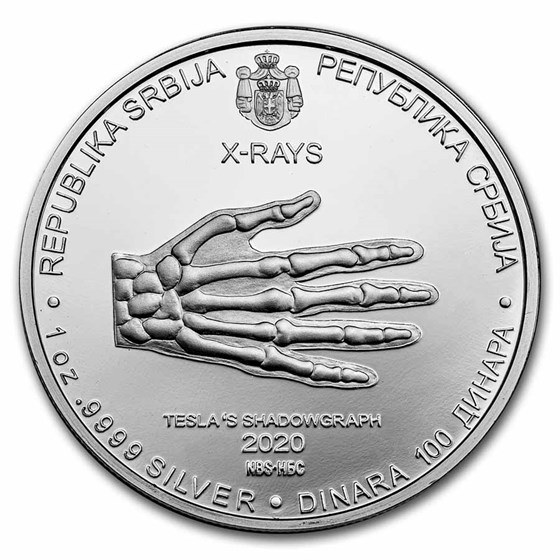 2020 Serbia 1 oz Proof Silver 100 Dinar Nikola Tesla: X-Ray 2020 Serbia 1 oz Proof Silver 100 Dinar Nikola Tesla: X-Ray