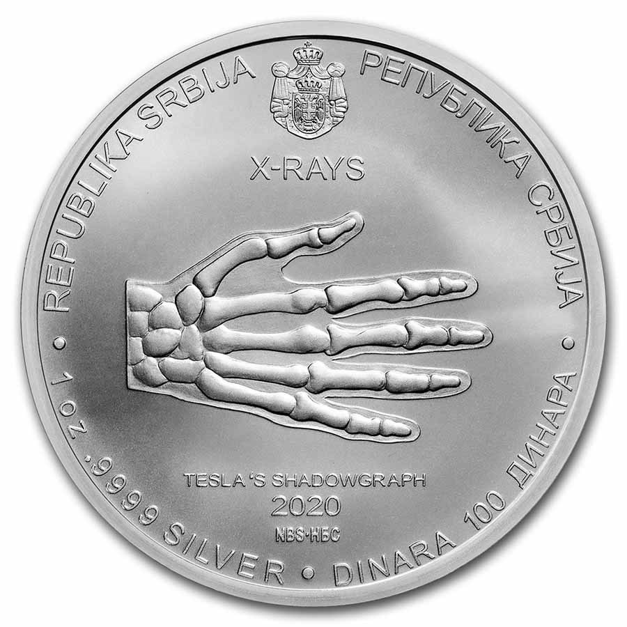 2020 Serbia 1 oz Silver 100 Dinar Nikola Tesla: X-Ray BU