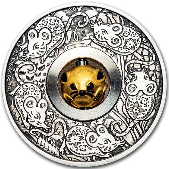 2020 Tuvalu 1 oz Silver Year of the Mouse Rotating Charm Antiqued 2020 Tuvalu 1 oz Silver Year of the Mouse Rotating Charm Antiqued