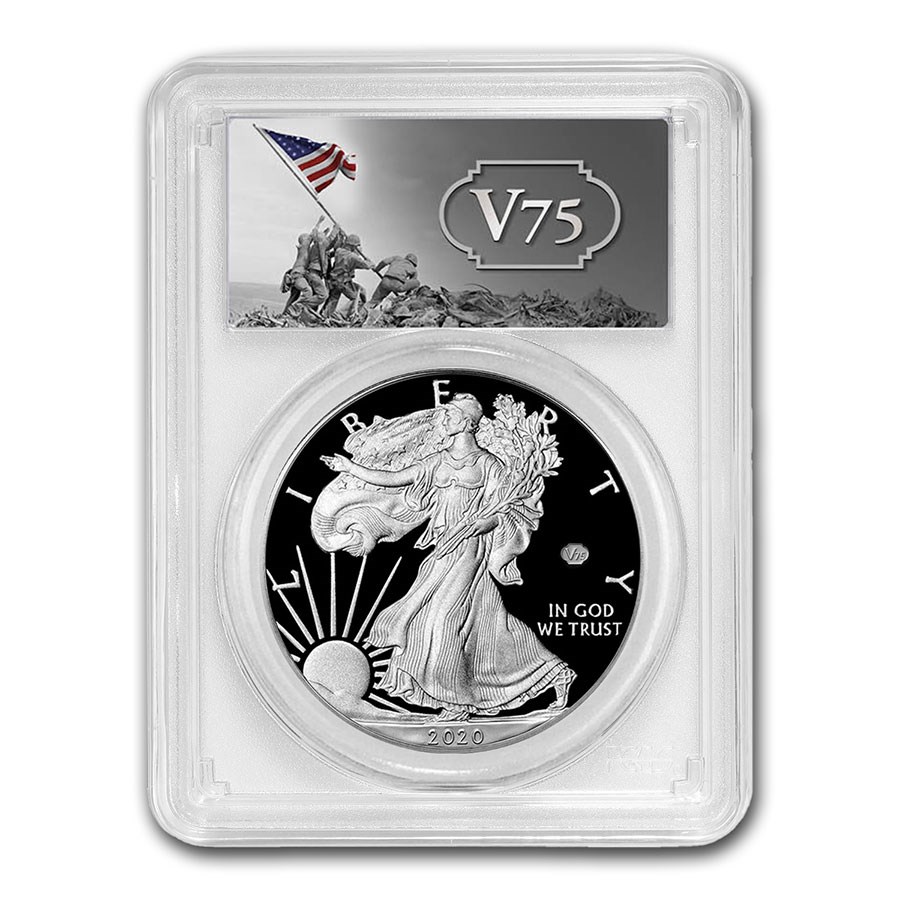 2020-W Proof Silver Eagle PR-70 PCGS (FDI, V75 Privy, WW2 Label)