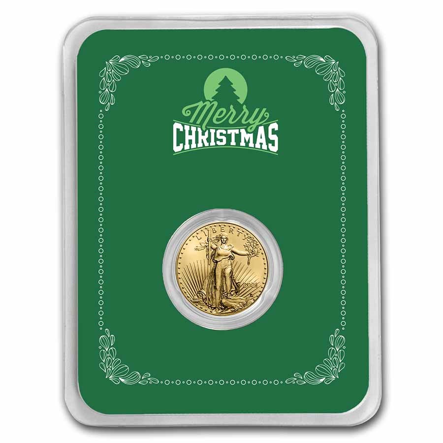 2021 1/10 oz Gold Eagle Type 2 - w/Green Merry Christmas Card