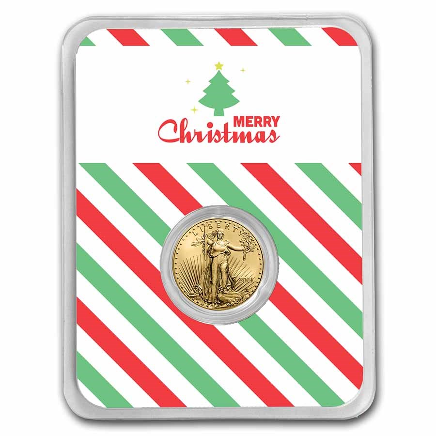 2021 1/10 oz Gold Eagle Type 2 - w/Merry Christmas Tree Card