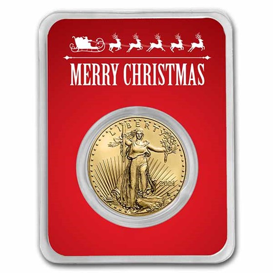 2021 1 oz Gold Eagle Type 2 - w/Red Merry Christmas Card 2021 1 oz Gold Eagle Type 2 - w/Red Merry Christmas Card