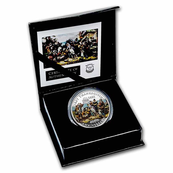 Thanksgiving Silver Rounds Buy 2021 1 oz Silver $2 400th Anniv First Thanksgiving (Colorized) | APMEX