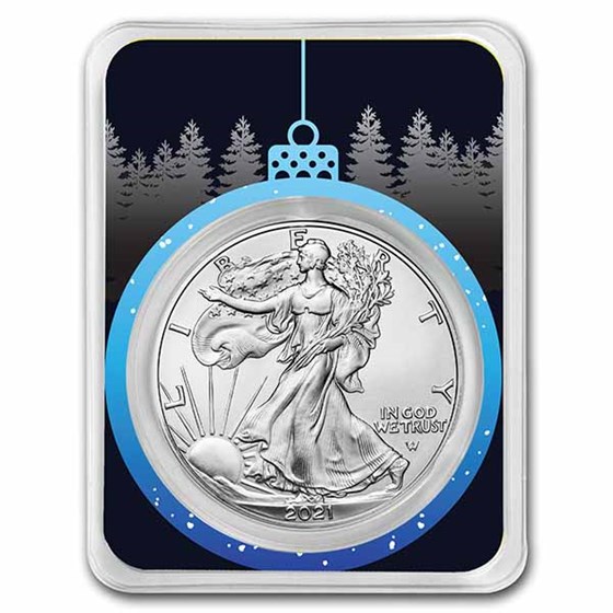 2021 1 oz Silver Eagle Type 2 - w/Blue Christmas Ornament Card 2021 1 oz Silver Eagle Type 2 - w/Blue Christmas Ornament Card