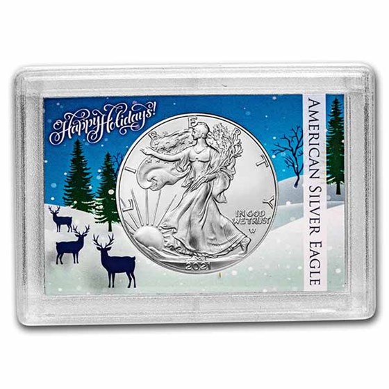 2021 1 oz Silver Eagle Type 2 - w/Harris Holder, Happy Holidays 2021 1 oz Silver Eagle Type 2 - w/Harris Holder, Happy Holidays