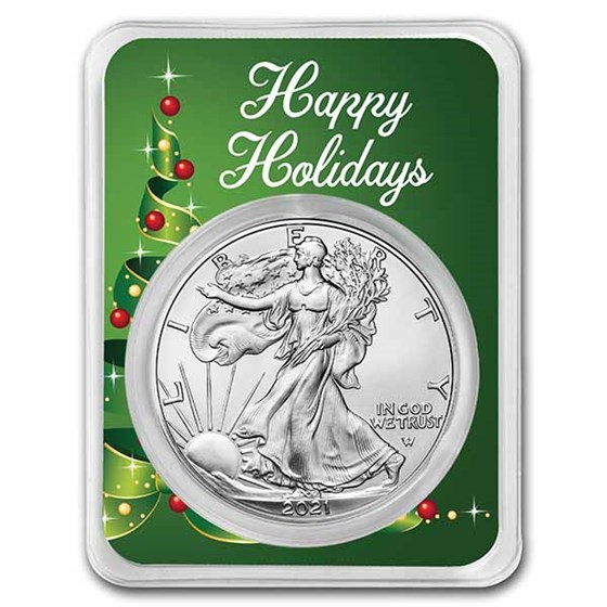 2021 1 oz Silver Eagle Type 2 - w/Holiday Ribbon Tree Card 2021 1 oz Silver Eagle Type 2 - w/Holiday Ribbon Tree Card