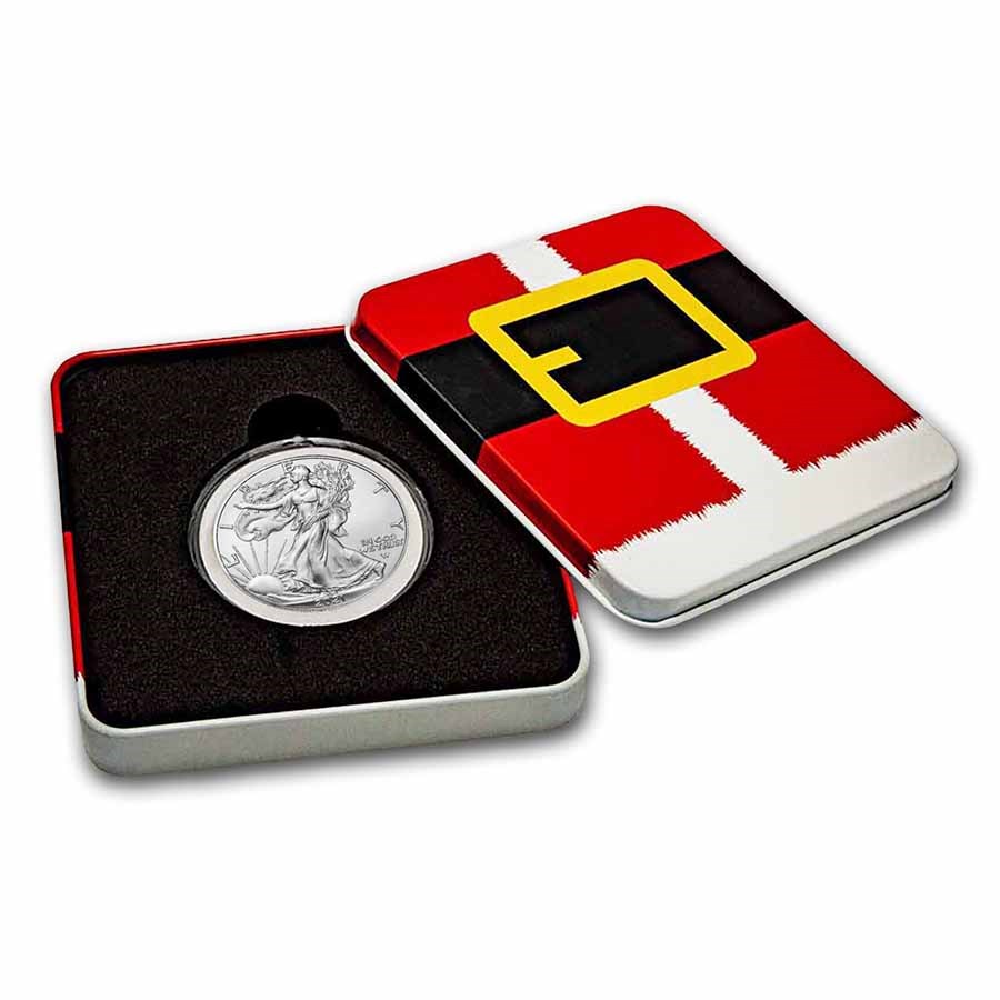 2021 1 oz Silver Eagle Type 2 - w/Holiday Tin, Santa's Buckle