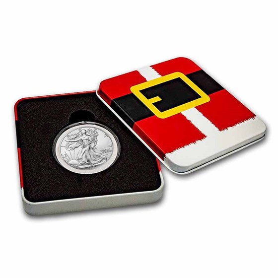 2021 1 oz Silver Eagle Type 2 - w/Holiday Tin, Santa's Buckle 2021 1 oz Silver Eagle Type 2 - w/Holiday Tin, Santa's Buckle
