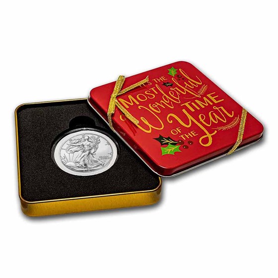 2021 1 oz Silver Eagle Type 2 - w/Holiday Tin, Wonderful Time 2021 1 oz Silver Eagle Type 2 - w/Holiday Tin, Wonderful Time