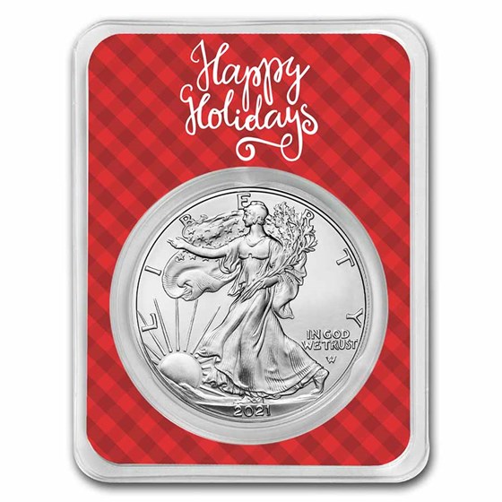 2021 1 oz Silver Eagle Type 2 - w/Plaid Happy Holidays Card