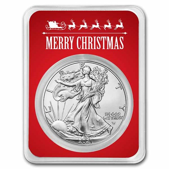 2021 1 oz Silver Eagle Type 2 - w/Red Merry Christmas Card 2021 1 oz Silver Eagle Type 2 - w/Red Merry Christmas Card