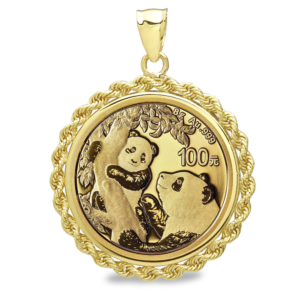 1/20OZ Panda Coin Necklace with 14k Yellow Gold Polished Link Chain- signet  pend For Sale at 1stDibs