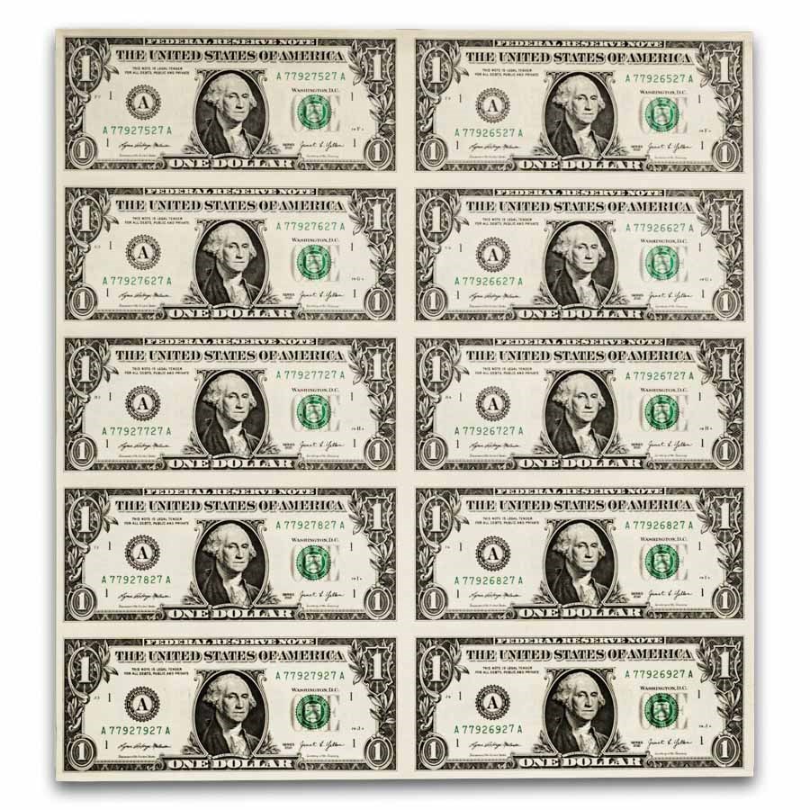 2021 (A-Boston) $1.00 FRN CU (Fr#-B) 10 Uncut sheet
