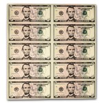2021 (A-Boston) $5.00 FRN CU (Fr#1999-B) 10 Uncut sheet