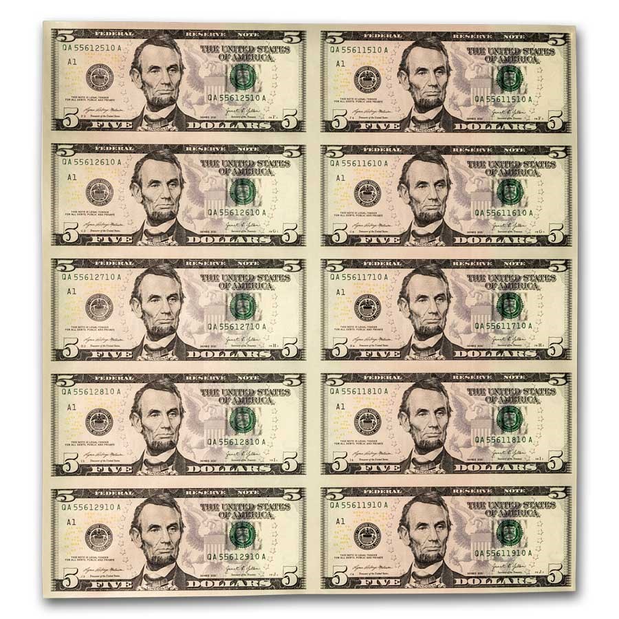 2021 (A-Boston) $5.00 FRN CU (Fr#1999-B) 10 Uncut sheet