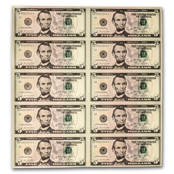 2021 (A-Boston) $5.00 FRN CU (Fr#1999-B) 10 Uncut sheet 2021 (A-Boston) $5.00 FRN CU (Fr#1999-B) 10 Uncut sheet