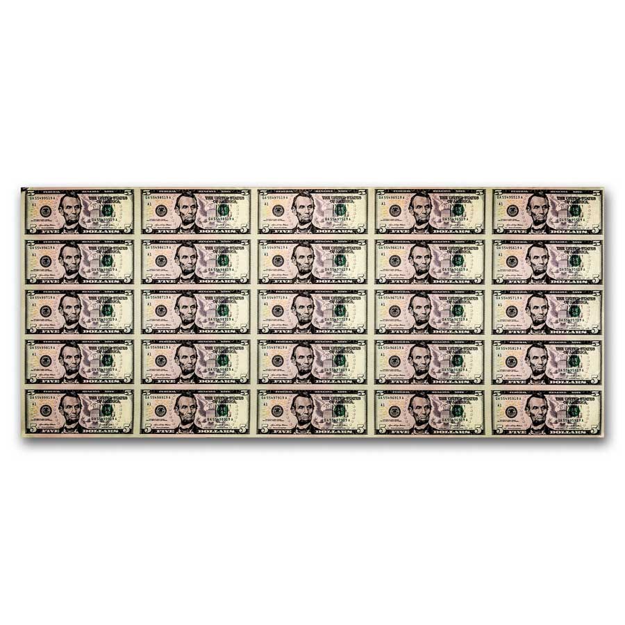 2021 (A-Boston) $5.00 FRN CU (Fr#1999-B) 25 Uncut sheet