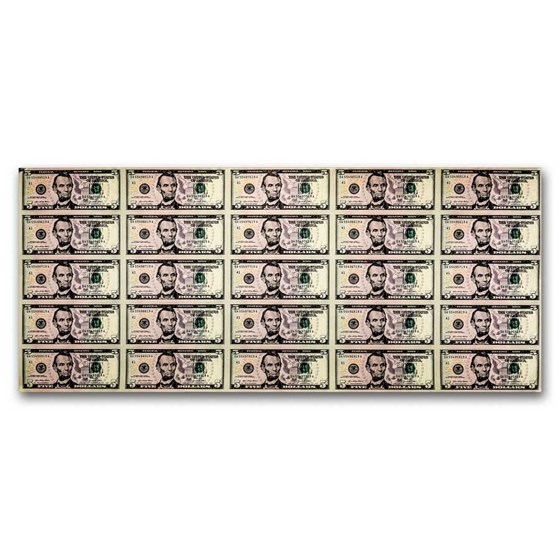 2021 (A-Boston) $5.00 FRN CU (Fr#1999-B) 25 Uncut sheet 2021 (A-Boston) $5.00 FRN CU (Fr#1999-B) 25 Uncut sheet