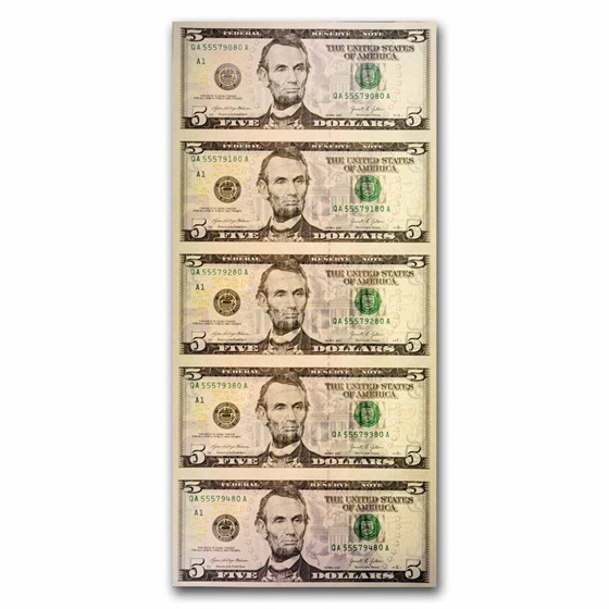 2021 (A-Boston) $5.00 FRN CU (Fr#1999-B) 5 Uncut sheet