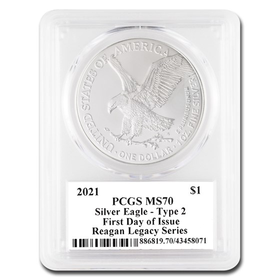2021 American Silver Eagle (Type 2) MS-70 PCGS (FDI, Reagan)