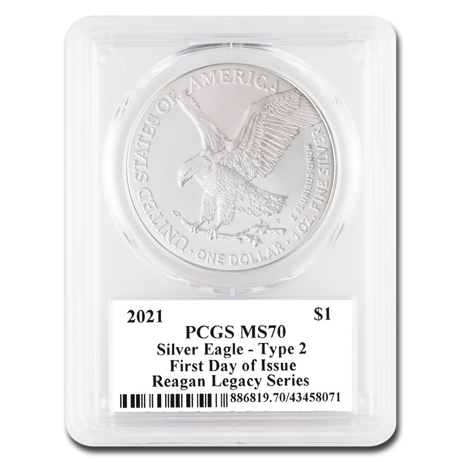 2021 American Silver Eagle (Type 2) MS-70 PCGS (FDI, Reagan)
