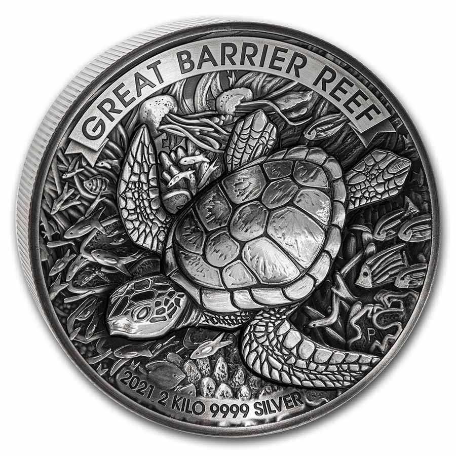 2021 AUS 2 kilo Silver Antiqued Great Barrier Reef Proof (HR)